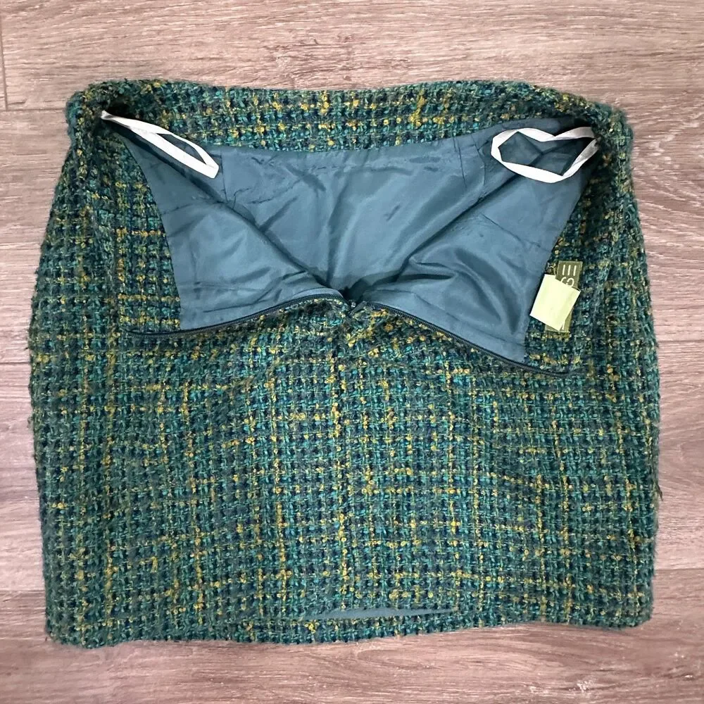 Vintage 90s Esprit Green Yellow Tweed Blazer Mini Skirt Suit Set Size 5/6 Small